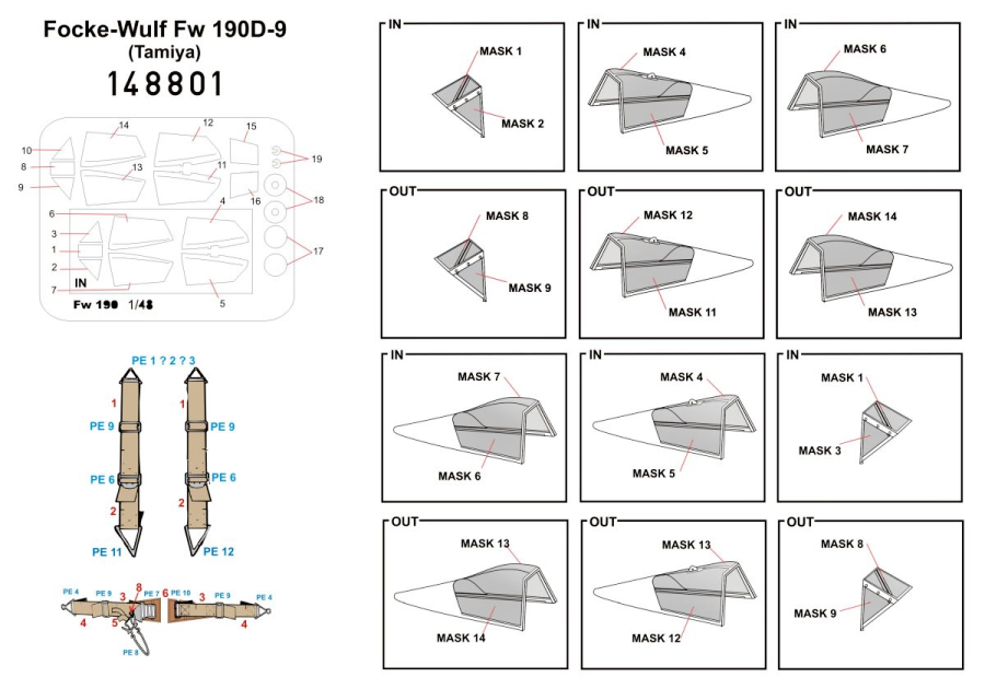1/48 Focke-Wulf Fw 190D-9 - Basic Line - BASIC LINE: seatbelts + masks Tamiya