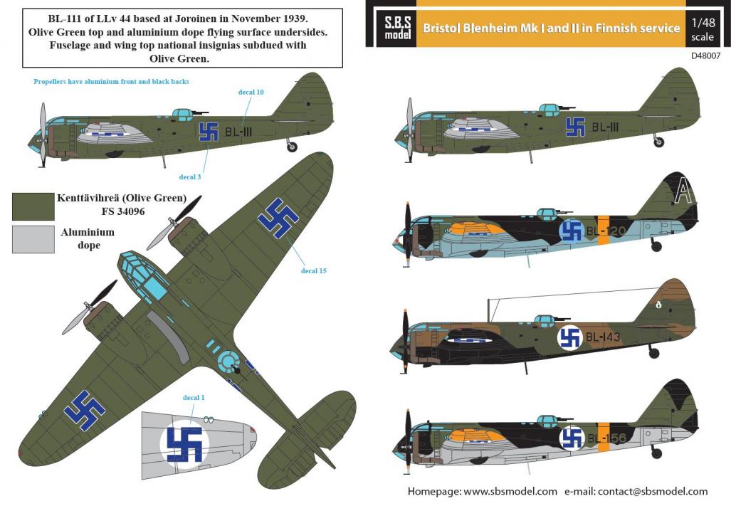 1/48 Bristol Blenheim Mk.I - Mk.II Finnish Air Force WW II - Decals for Classic Airframes