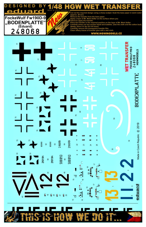 248068 HGW 1/48 Wet Transfers Fw190D-9 Bodenplatte Markings for Eduard kit