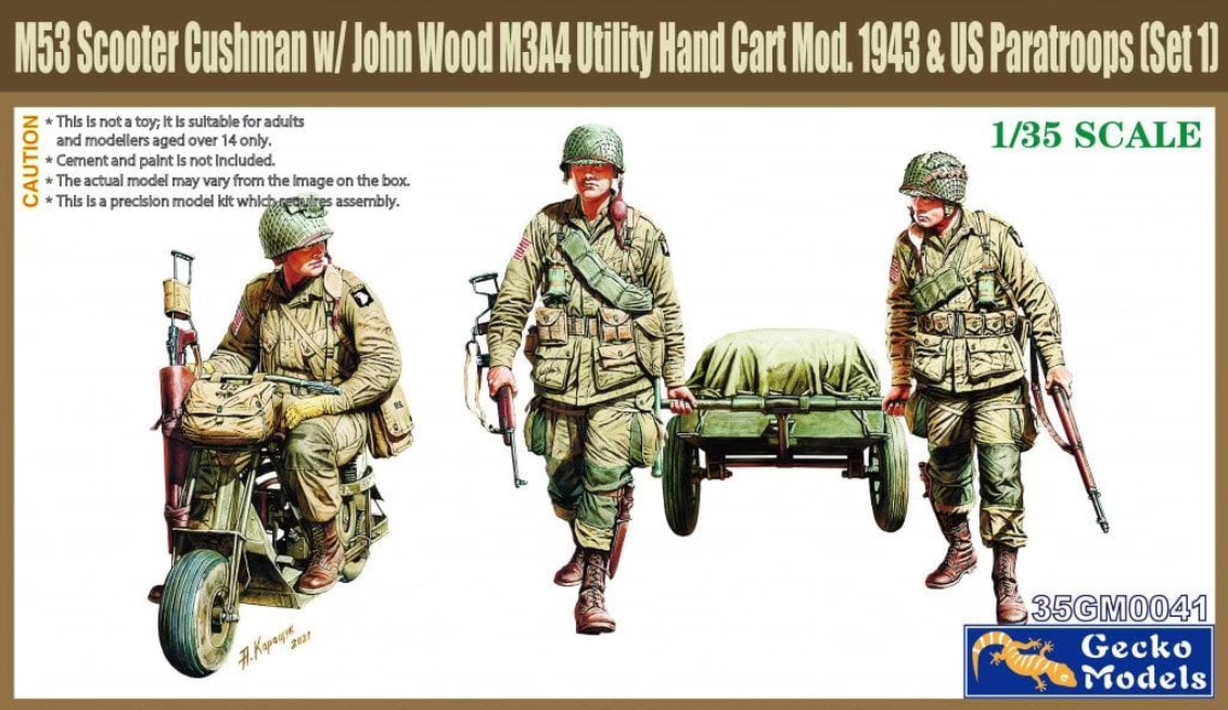 1/35 M53 Scooter Cushman w/John Wood M3A4 Utility Hand Cart Mod.1943 & US Paratroops (Set 1) - Gecko