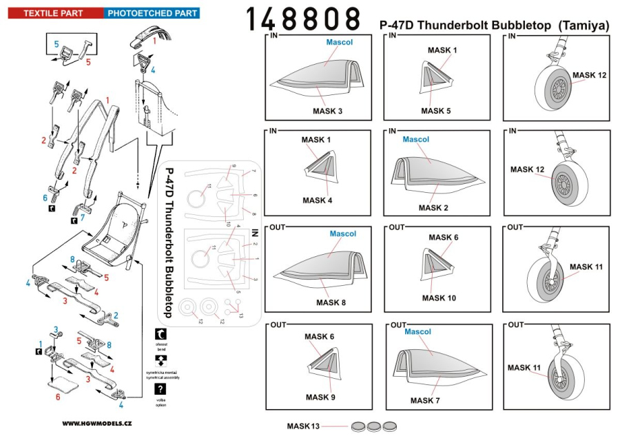 1/48 P-47D Thunderbolt Bubbletop - Basic Line - BASIC LINE: seatbelts + masks Tamiya